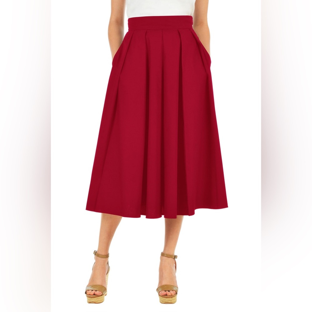 Pleated Stretch Cotton Poplin Midi Skirt